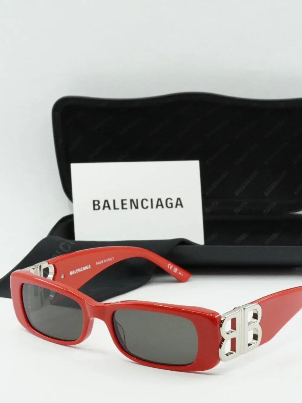 Balenciaga BB0096S 015 Rectangle Sunglasses - Solid Red / Grey